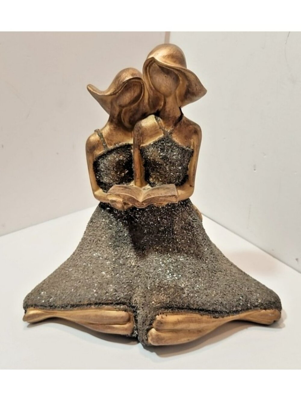 Sitting Mother and Daughter Reading Together Bronze Look Figurine 9" by 9.5"